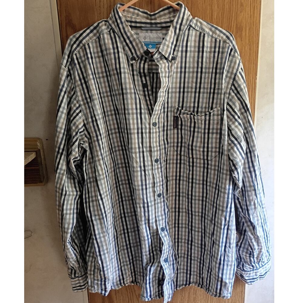 Columbia Mens XL Gray Plaid Cotton Button Down Shirt Outdoor Hiking Cabincore
